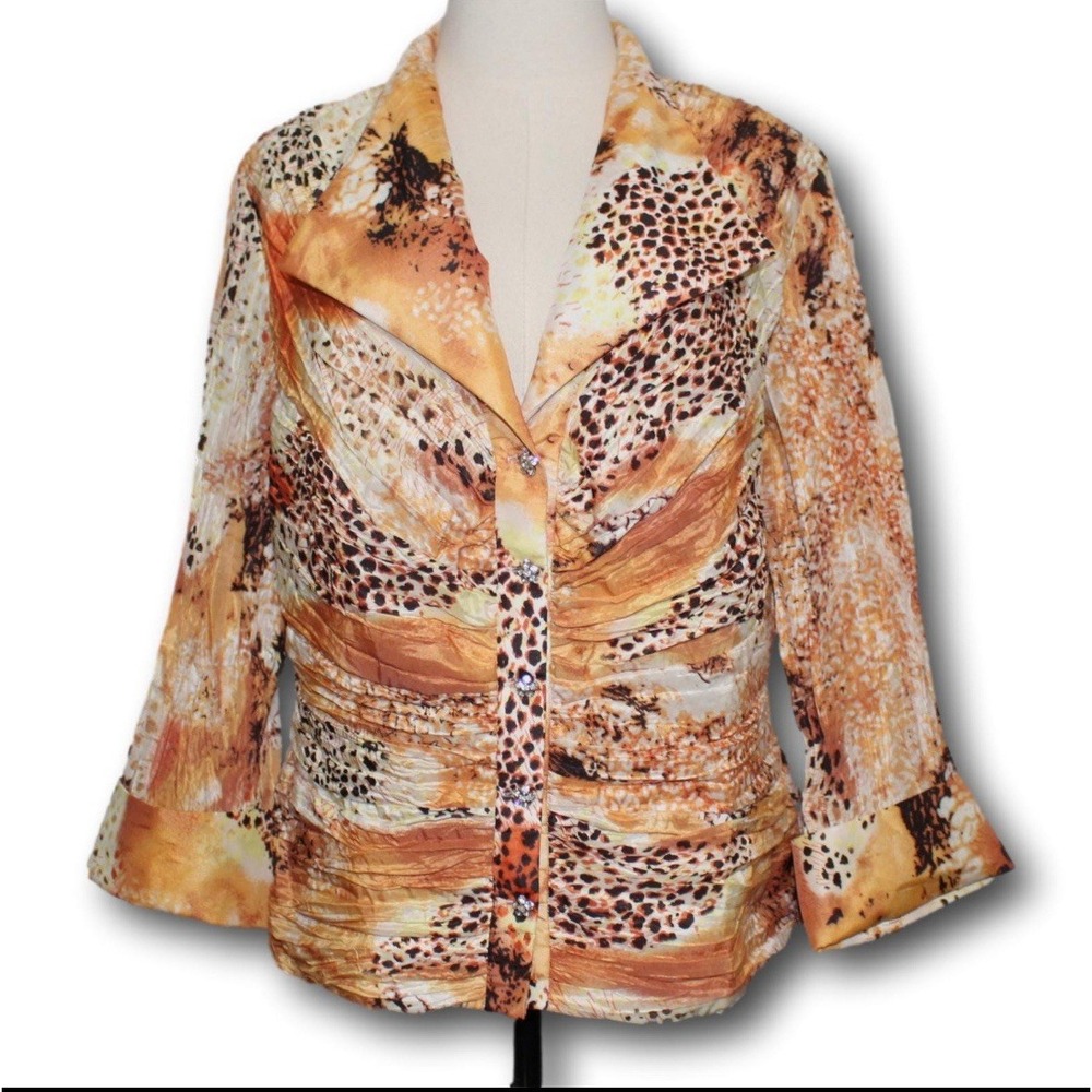Victor Costa Jacket Sz 10 Orange Beige Animal Print RUCH Taffeta Jeweled buttons